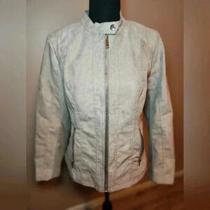 Valerie Stevens Womens Sz M Biker Jacket Beige Crew Neck Full Zip Faux Suede EUC